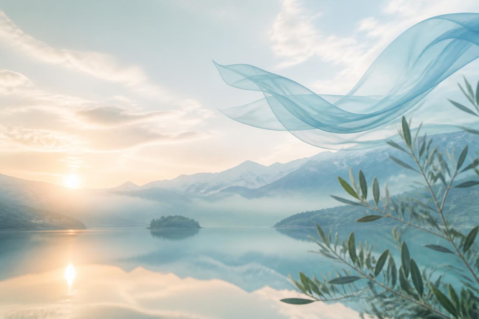 Misty lake at sunrise with flowing ribbon