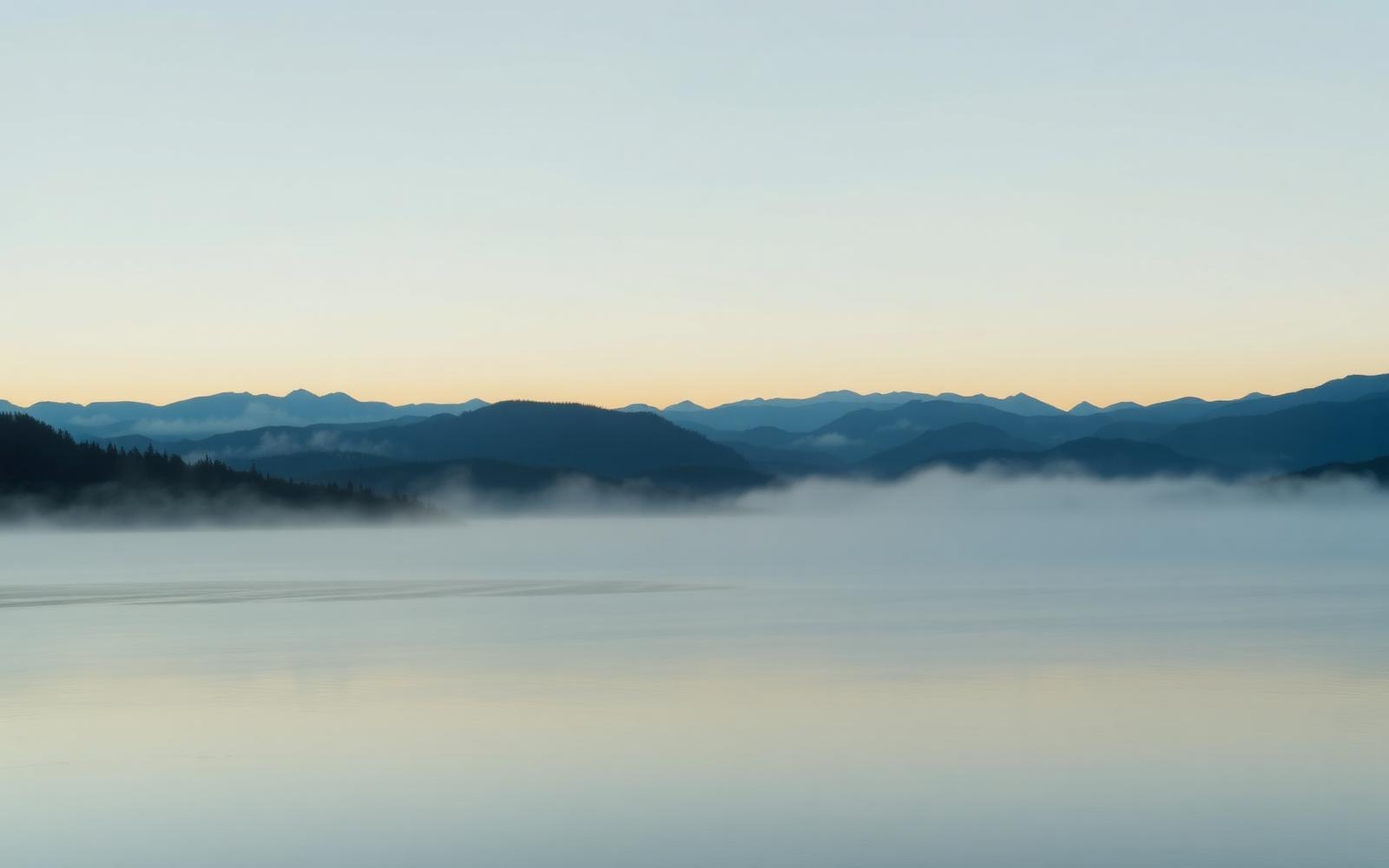 Layered misty mountains over a still lake